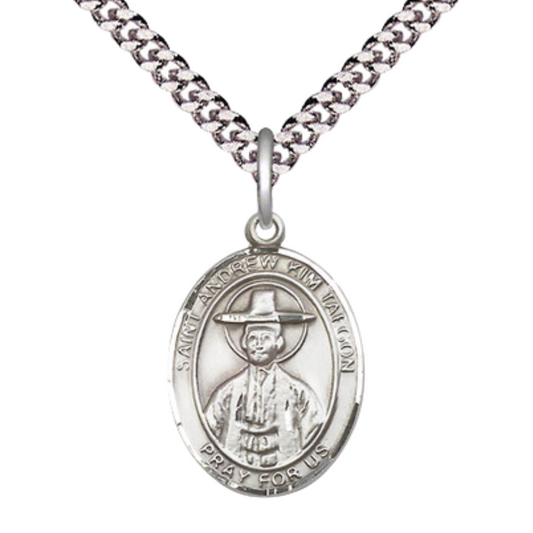 Everlasting Light Jewelry Medium Men's Pewter Saint St. Andrew Kim Taegon Medal Pendant on 24 Inch Endless Rhodium Plated Heavy Curb Brass Chain, Catholic Religious Necklace - Made in USA- Deluxe Velvet Gift Box