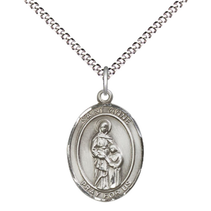.925 Sterling Silver Saint St. Anne Medal Pendant on 18 Inch Rhodium Plated Lite Curb Brass Chain with Lobster Claw Clasp, Catholic Religious Necklace - Made in USA- Prayer Card Included