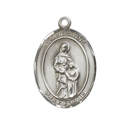 Mens Medium Oval Pewter Saint Anne Medal Pendant on 24 Inch Rhodium Plated Heavy Curb Brass Chain with Lobster Claw Clasp, Catholic Religious Necklace -Made in USA- Deluxe Velvet Gift Box