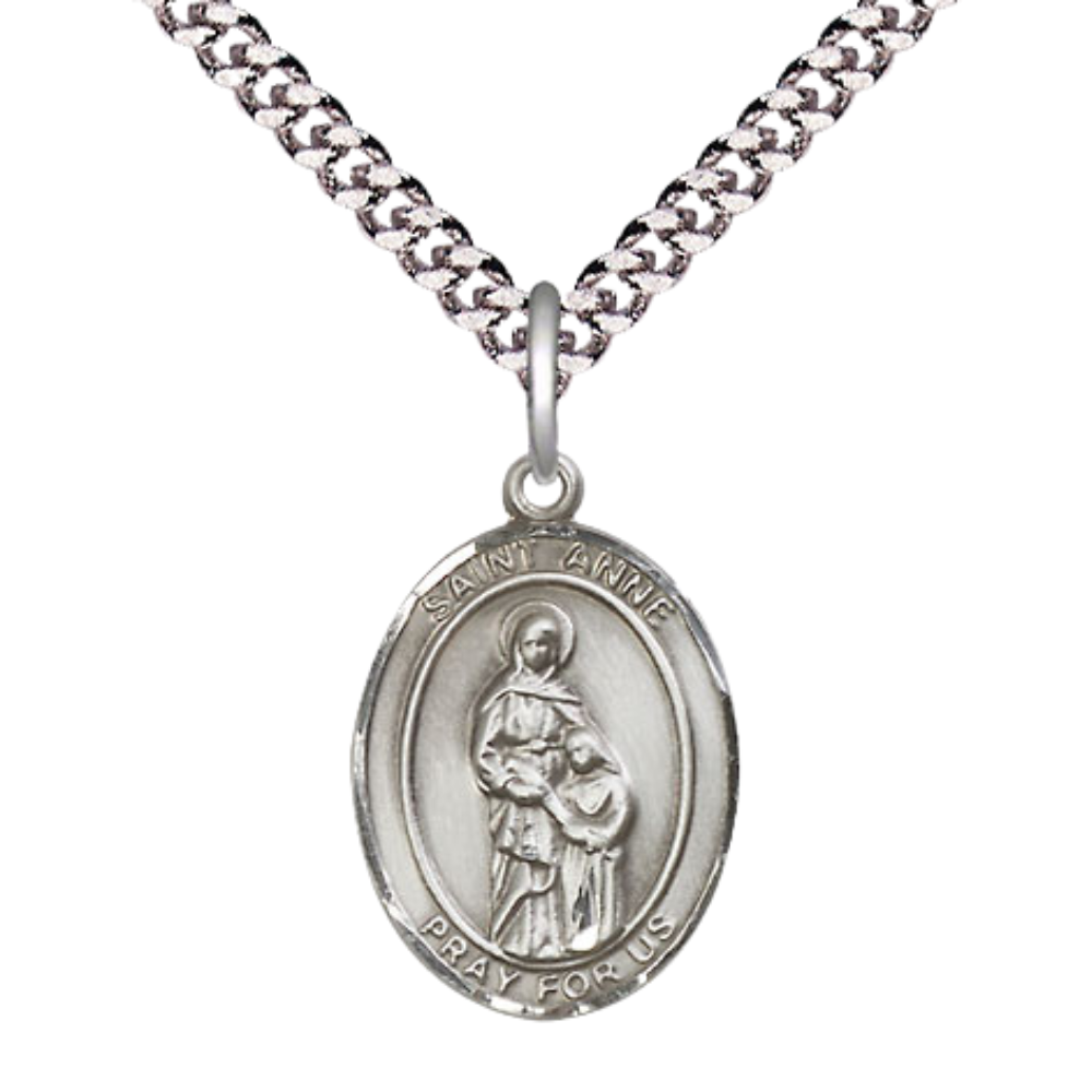 Everlasting Light Jewelry Medium Men's Pewter Saint St. Anne Medal Pendant on 24 Inch Endless Rhodium Plated Heavy Curb Brass Chain, Catholic Religious Necklace - Made in USA- Deluxe Velvet Gift Box