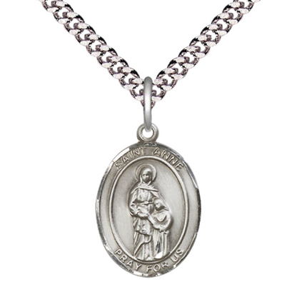 Everlasting Light Jewelry Medium Men's Pewter Saint St. Anne Medal Pendant on 24 Inch Endless Rhodium Plated Heavy Curb Brass Chain, Catholic Religious Necklace - Made in USA- Deluxe Velvet Gift Box