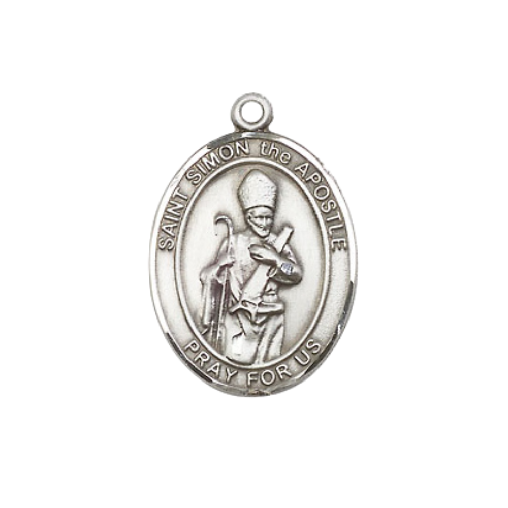 Everlasting Light Jewelry Medium Women's Pewter Saint St. Simon Pendant Necklace on 18- inch Rhodium- Plated Lite Curb Brass Chain – Patron Saint St. of Curriers/Sawmen, Catholic Medal – Velvet Gift Box Included