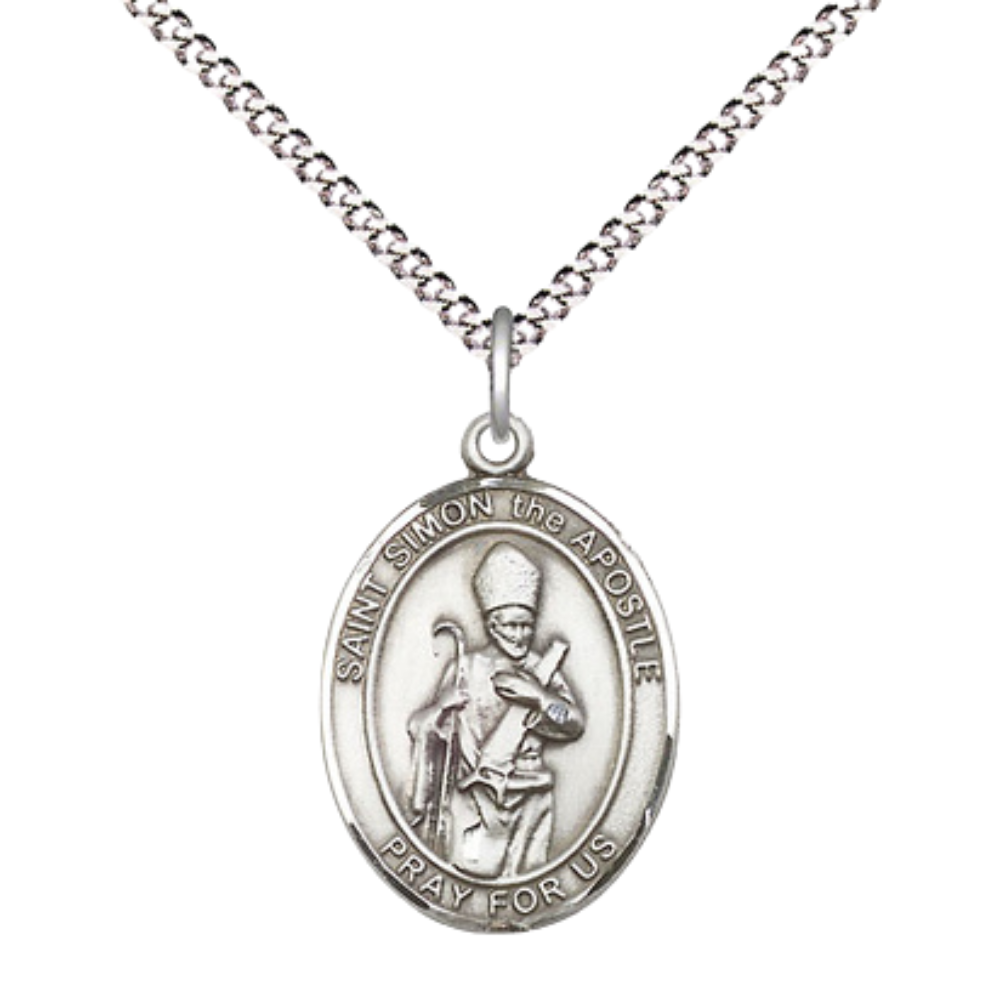 Everlasting Light Jewelry Medium Women's .925 Sterling Silver Saint St. Simon Pendant Necklace on 18- inch Rhodium- Plated Lite Curb Brass Chain, Catholic Medal - Patron Saint. of Curriers & Sawmen, Velvet Gift Box Included