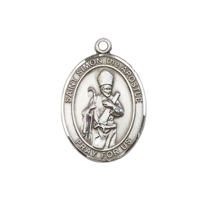 Mens Medium Oval Pewter Saint St. Simon Medal Pendant on 24 Inch Rhodium Plated Heavy Curb Brass Chain with Lobster Claw Clasp, Catholic Religious Necklace - Made in USA- Deluxe Velvet Gift Box