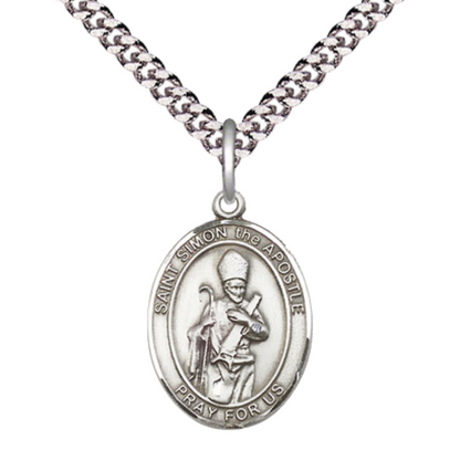 Mens Medium Oval .925 Sterling Silver Saint St. Simon Medal Pendant on 24 Inch Rhodium Plated Heavy Curb Brass Chain w/ Lobster Claw Clasp, Catholic Religious Necklace - Made in USA- Velvet Gift Box