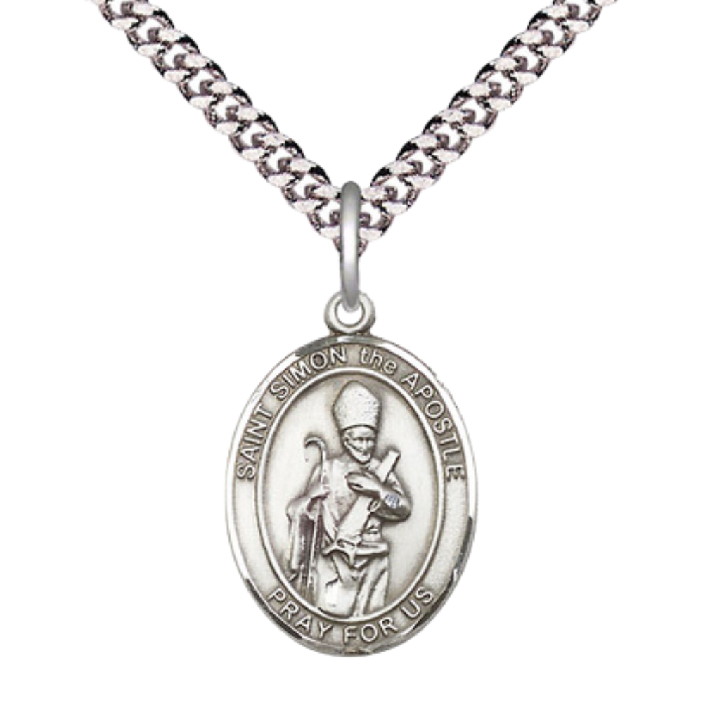 Everlasting Light Jewelry Medium Men's Pewter Saint St. Simon Medal Pendant on 24 Inch Endless Rhodium Plated Heavy Curb Brass Chain, Catholic Religious Necklace - Made in USA- Deluxe Velvet Gift Box