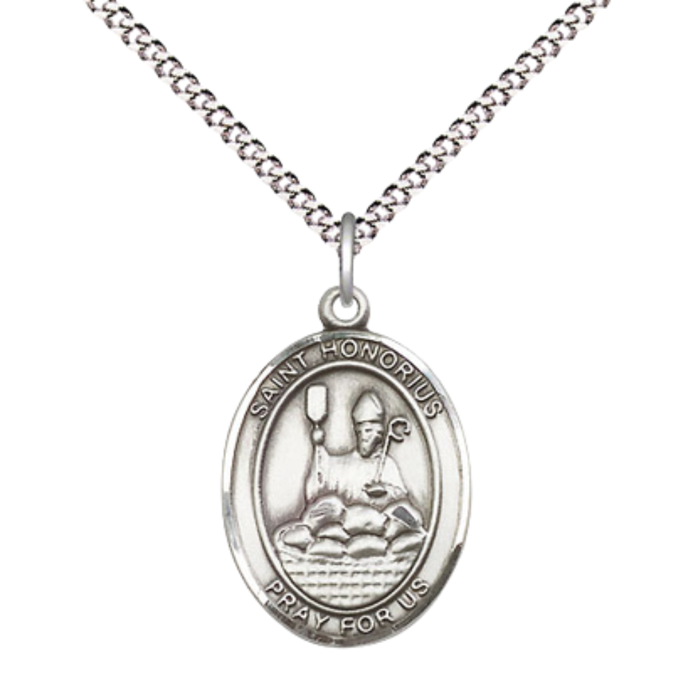 Everlasting Light Jewelry Medium Women's Pewter Saint St. Honorius Pendant Necklace on 18- inch Rhodium- Plated Lite Curb Brass Chain – Patron Saint St. of Bakers, Catholic Medal – Velvet Gift Box Included