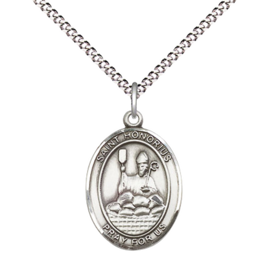 Everlasting Light Jewelry Medium Women's .925 Sterling Silver Saint St. Honorius Pendant Necklace on 18- inch Rhodium- Plated Lite Curb Brass Chain, Catholic Medal - Patron Saint. of Bakers, Velvet Gift Box Included