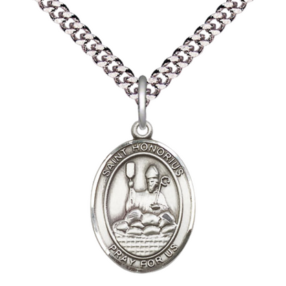 Everlasting Light Jewelry Medium Men's Pewter Saint St. Honorius Medal Pendant on 24 Inch Endless Rhodium Plated Heavy Curb Brass Chain, Catholic Religious Necklace - Made in USA- Deluxe Velvet Gift Box