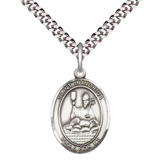 Everlasting Light Jewelry Medium Men's Pewter Saint St. Honorius Medal Pendant on 24 Inch Endless Rhodium Plated Heavy Curb Brass Chain, Catholic Religious Necklace - Made in USA- Deluxe Velvet Gift Box