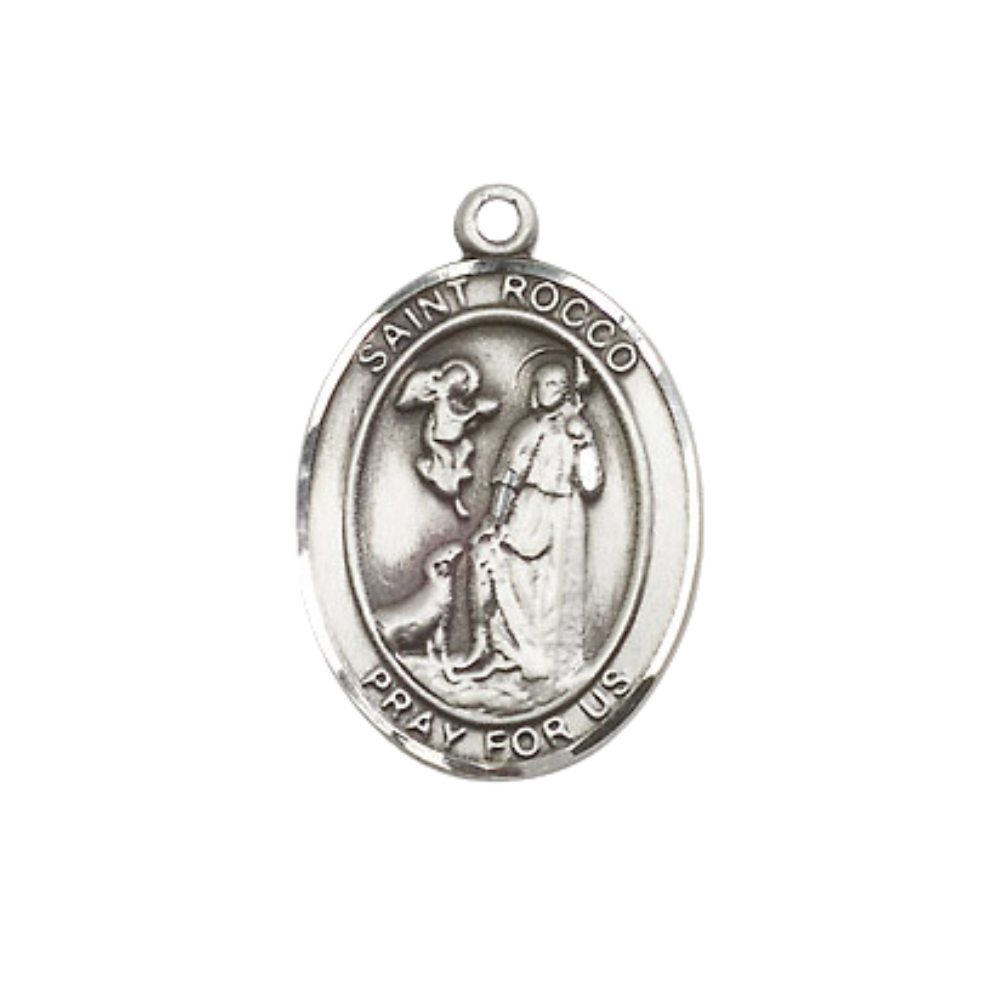 Everlasting Light Jewelry Medium Women's .925 Sterling Silver Saint St. Rocco Pendant Necklace on 18- inch Rhodium- Plated Lite Curb Brass Chain, Catholic Medal - Patron Saint. of Bird Flu, Velvet Gift Box Included