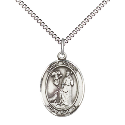 Everlasting Light Jewelry Medium Women's .925 Sterling Silver Saint St. Rocco Pendant Necklace on 18- inch Rhodium- Plated Lite Curb Brass Chain, Catholic Medal - Patron Saint. of Bird Flu, Velvet Gift Box Included