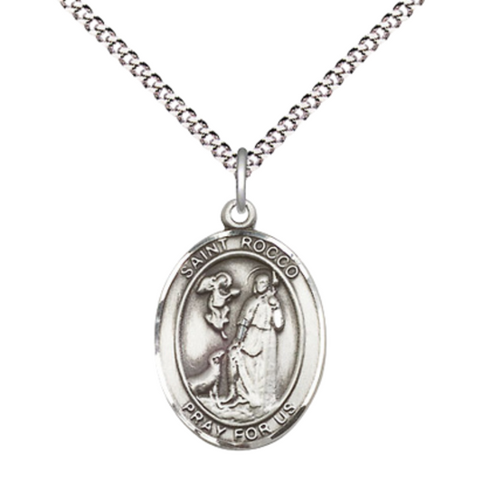 Everlasting Light Jewelry Medium Women's Pewter Saint St. Rocco Pendant Necklace on 18- inch Rhodium- Plated Lite Curb Brass Chain – Patron Saint St. of Bird Flu, Catholic Medal – Velvet Gift Box Included