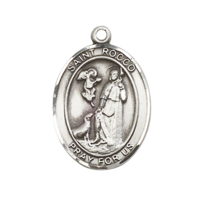 Everlasting Light Jewelry Medium Men's Pewter Saint St. Rocco Medal Pendant on 24 Inch Endless Rhodium Plated Heavy Curb Brass Chain, Catholic Religious Necklace - Made in USA- Deluxe Velvet Gift Box