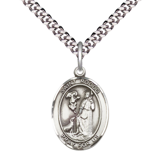 Medium Men's .925 Sterling Silver Saint St. Rocco Medal Pendant on 24 Inch Endless Rhodium Plated Heavy Curb Brass Chain, Catholic Religious Necklace - Made in USA- Deluxe Velvet Gift Box