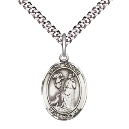 Everlasting Light Jewelry Medium Men's Pewter Saint St. Rocco Medal Pendant on 24 Inch Endless Rhodium Plated Heavy Curb Brass Chain, Catholic Religious Necklace - Made in USA- Deluxe Velvet Gift Box