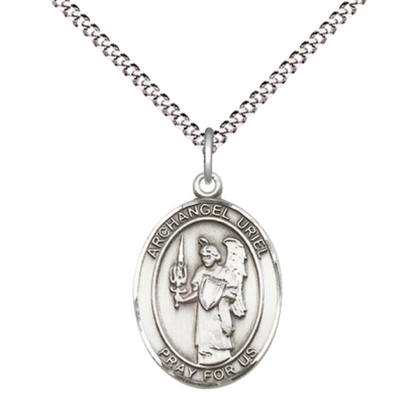 Everlasting Light Jewelry Medium Women's Pewter Saint St. Uriel the Archangel Pendant Necklace on 18- inch Rhodium- Plated Lite Curb Brass Chain – Spiritual Protection and Guidance, Catholic Medal – Velvet Gift Box Included