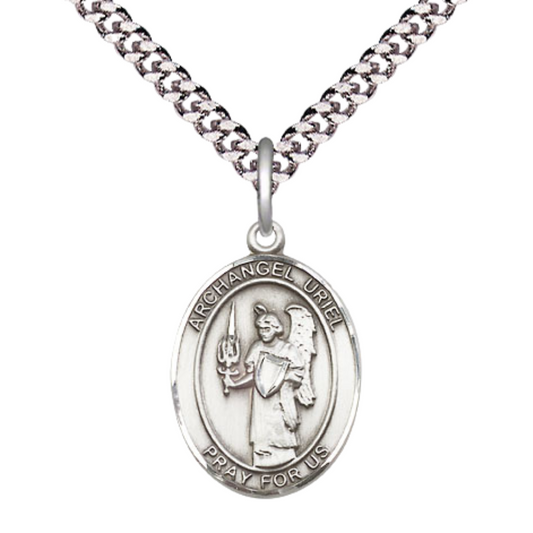 Medium Men's .925 Sterling Silver Saint St. Uriel the Archangel Medal Pendant on 24 Inch Endless Rhodium Plated Heavy Curb Brass Chain, Catholic Religious Necklace - Made in USA- Deluxe Velvet Gift Box