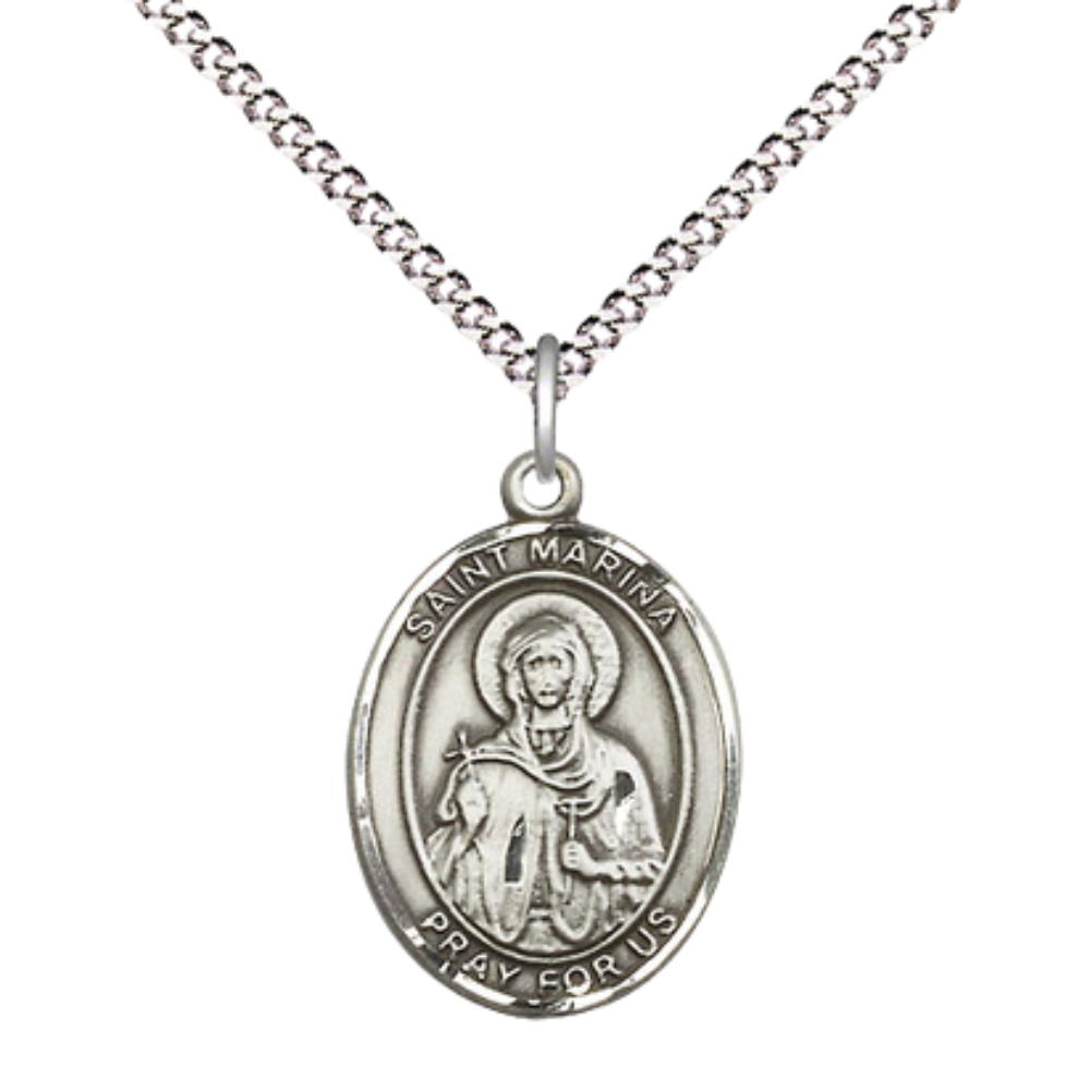 Everlasting Light Jewelry Medium Women's .925 Sterling Silver Saint St. Marina Pendant Necklace on 18- inch Rhodium- Plated Lite Curb Brass Chain, Catholic Medal - Velvet Gift Box Included