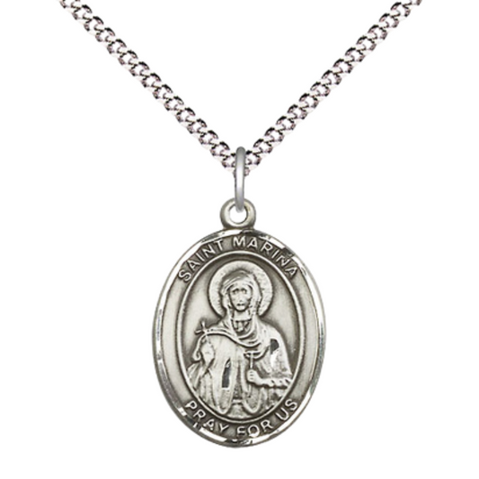 Everlasting Light Jewelry Medium Women's .925 Sterling Silver Saint St. Marina Pendant Necklace on 18- inch Rhodium- Plated Lite Curb Brass Chain, Catholic Medal - Velvet Gift Box Included