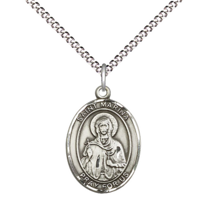 Everlasting Light Jewelry Medium Women's Pewter Saint St. Marina Pendant Necklace on 18- inch Rhodium- Plated Lite Curb Brass Chain – Spiritual Protection and Strength, Catholic Medal – Velvet Gift Box Included