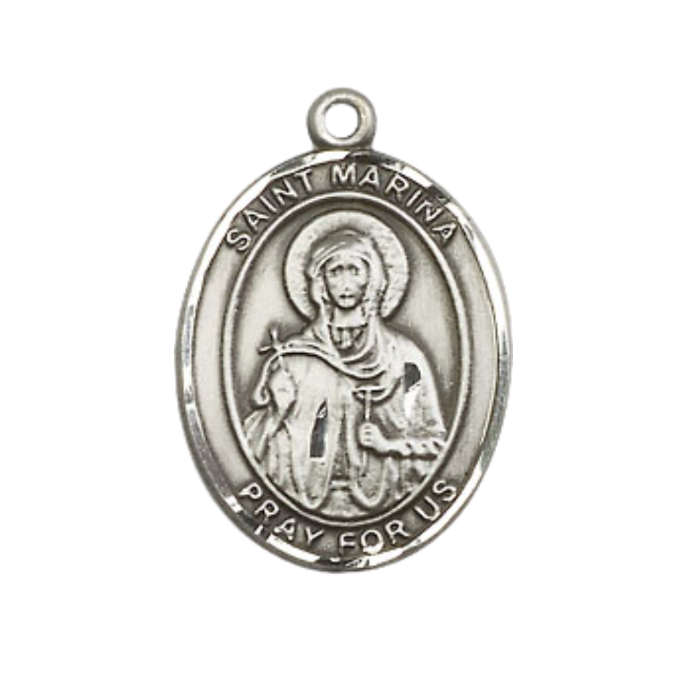 Medium Men's .925 Sterling Silver Saint St. Marina Medal Pendant on 24 Inch Endless Rhodium Plated Heavy Curb Brass Chain, Catholic Religious Necklace - Made in USA- Deluxe Velvet Gift Box