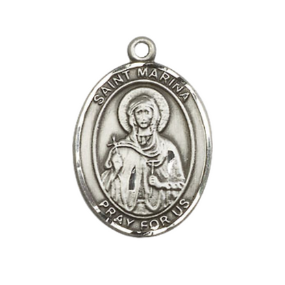 Mens Medium Oval .925 Sterling Silver Saint St. Marina Medal Pendant on 24 Inch Rhodium Plated Heavy Curb Brass Chain w/ Lobster Claw Clasp, Catholic Religious Necklace - Made in USA- Velvet Gift Box