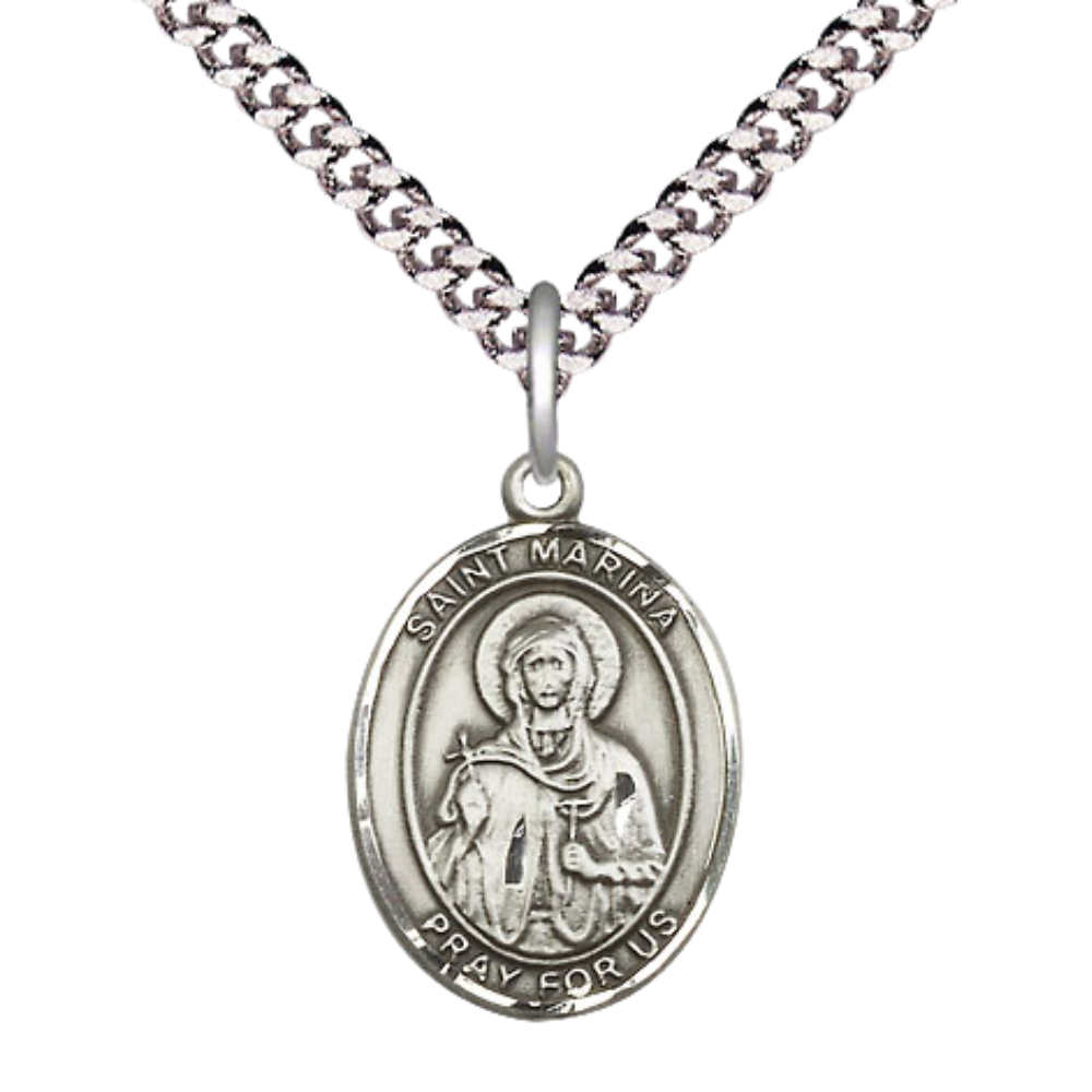 Everlasting Light Jewelry Medium Men's Pewter Saint St.Marina Medal Pendant on 24 Inch Endless Rhodium Plated Heavy Curb Brass Chain, Catholic Religious Necklace -Made in USA- Deluxe Velvet Gift Box
