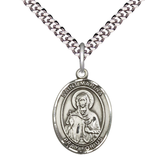 Everlasting Light Jewelry Medium Men's Pewter Saint St.Marina Medal Pendant on 24 Inch Endless Rhodium Plated Heavy Curb Brass Chain, Catholic Religious Necklace -Made in USA- Deluxe Velvet Gift Box