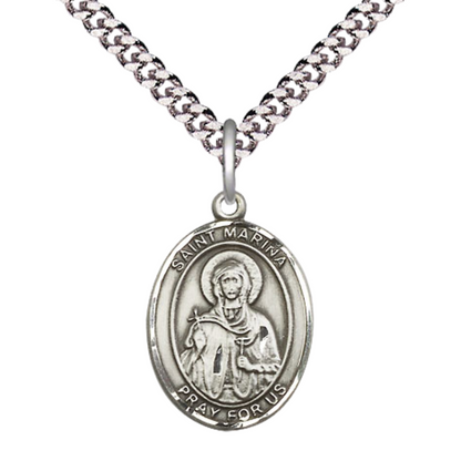 Medium Men's .925 Sterling Silver Saint St. Marina Medal Pendant on 24 Inch Endless Rhodium Plated Heavy Curb Brass Chain, Catholic Religious Necklace - Made in USA- Deluxe Velvet Gift Box