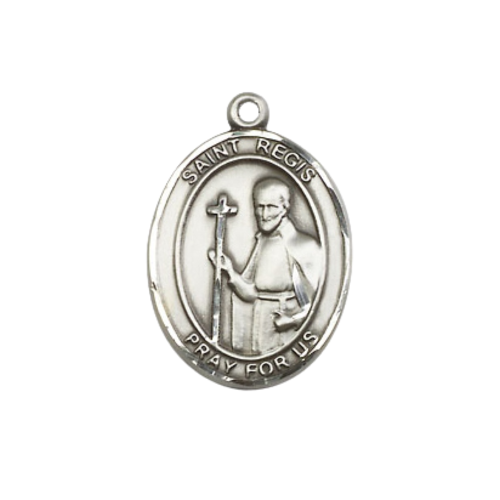 Everlasting Light Jewelry Medium Women's Pewter Saint St. Regis Pendant Necklace on 18- inch Rhodium- Plated Lite Curb Brass Chain – Patron Saint St. of Social Workers & Lacemakers, Catholic Medal – Velvet Gift Box Included