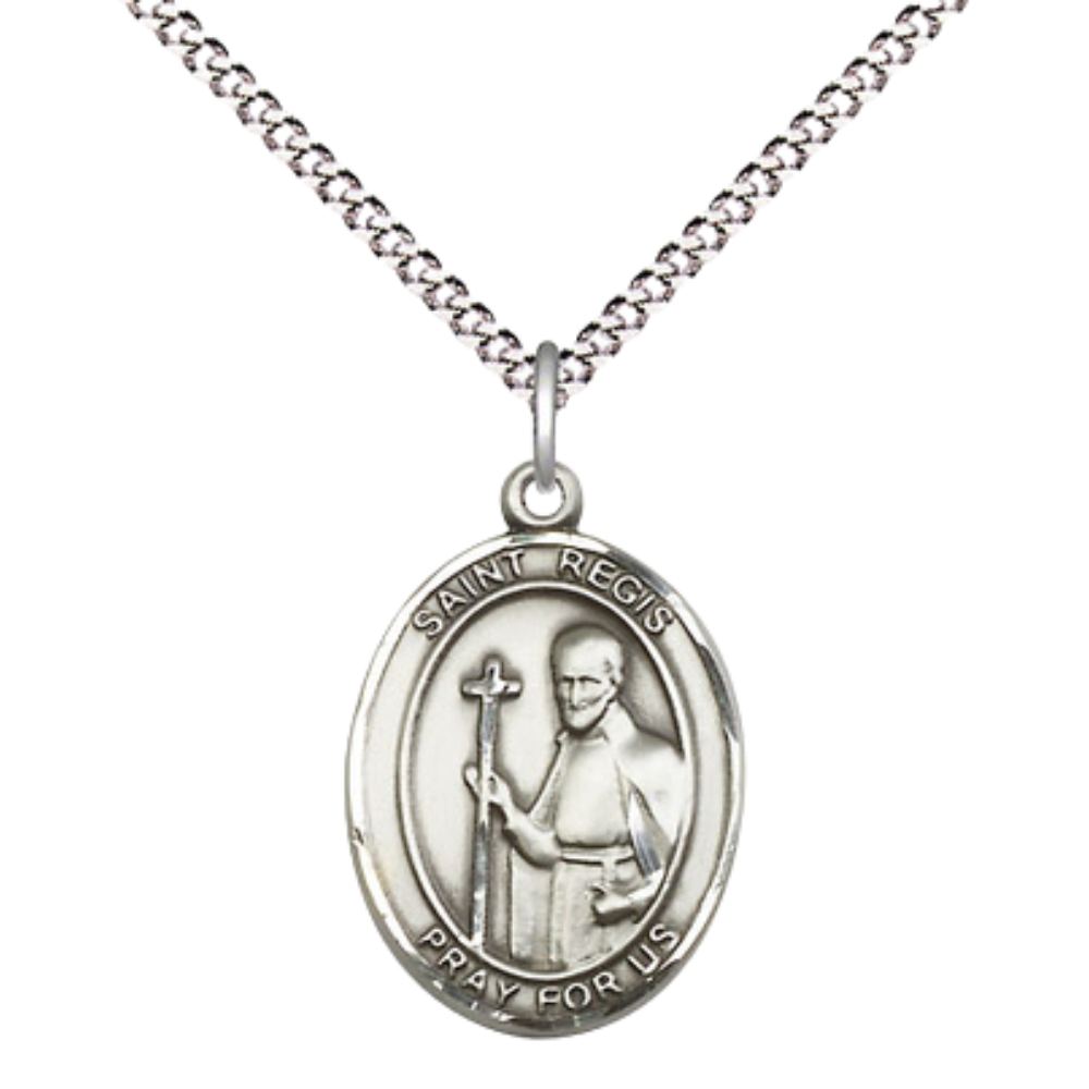 Everlasting Light Jewelry Medium Women's .925 Sterling Silver Saint St. Regis Pendant Necklace on 18- inch Rhodium- Plated Lite Curb Brass Chain, Catholic Medal - Velvet Gift Box Included