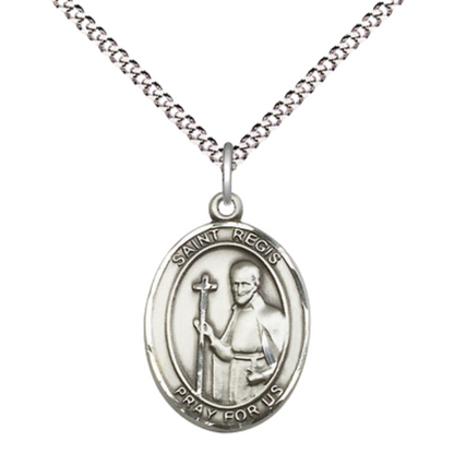 Everlasting Light Jewelry Medium Women's Pewter Saint St. Regis Pendant Necklace on 18- inch Rhodium- Plated Lite Curb Brass Chain – Patron Saint St. of Social Workers & Lacemakers, Catholic Medal – Velvet Gift Box Included