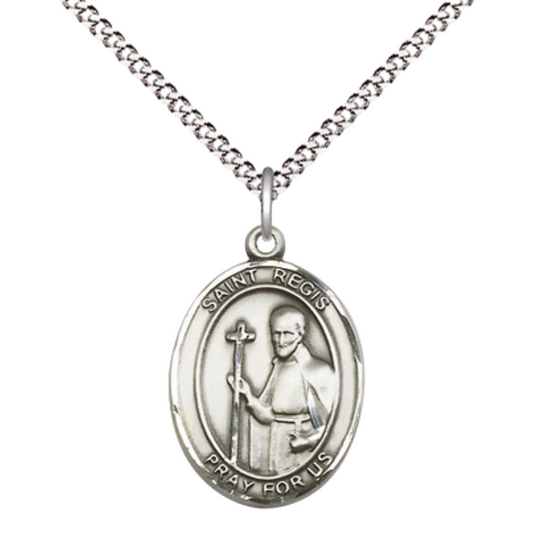 Everlasting Light Jewelry Medium Women's Pewter Saint St. Regis Pendant Necklace on 18- inch Rhodium- Plated Lite Curb Brass Chain – Patron Saint St. of Social Workers & Lacemakers, Catholic Medal – Velvet Gift Box Included