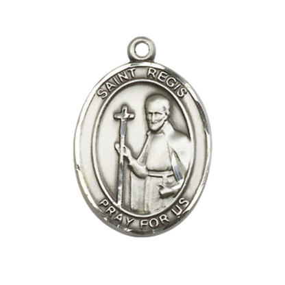 Mens Medium Oval .925 Sterling Silver Saint St. Regis Medal Pendant on 24 Inch Rhodium Plated Heavy Curb Brass Chain w/ Lobster Claw Clasp, Catholic Religious Necklace - Made in USA- Velvet Gift Box