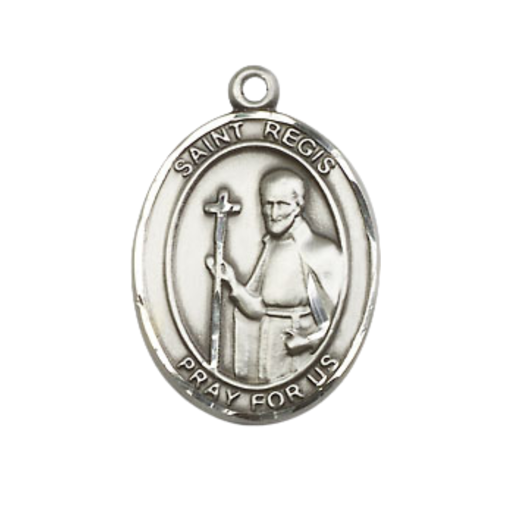 Everlasting Light Jewelry Medium Men's Pewter Saint St. Regis Medal Pendant on 24 Inch Endless Rhodium Plated Heavy Curb Brass Chain, Catholic Religious Necklace - Made in USA- Deluxe Velvet Gift Box