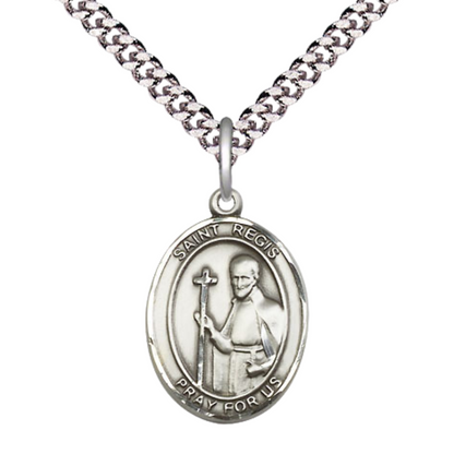 Mens Medium Oval .925 Sterling Silver Saint St. Regis Medal Pendant on 24 Inch Rhodium Plated Heavy Curb Brass Chain w/ Lobster Claw Clasp, Catholic Religious Necklace - Made in USA- Velvet Gift Box