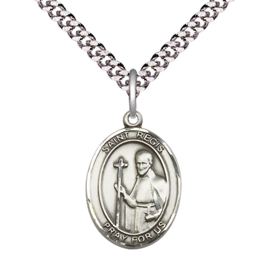 Everlasting Light Jewelry Medium Men's Pewter Saint St. Regis Medal Pendant on 24 Inch Endless Rhodium Plated Heavy Curb Brass Chain, Catholic Religious Necklace - Made in USA- Deluxe Velvet Gift Box