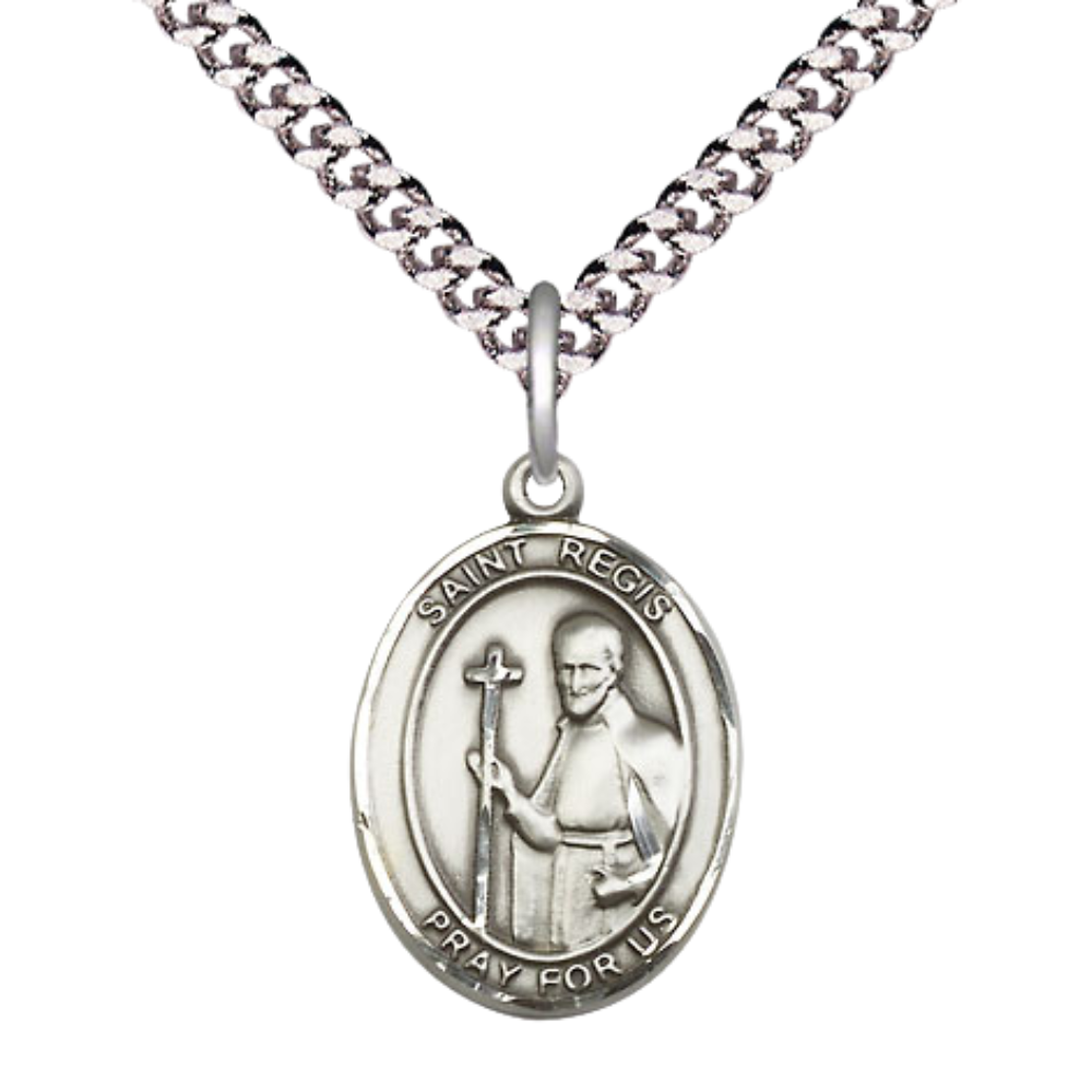 Medium Men's .925 Sterling Silver Saint St. Regis Medal Pendant on 24 Inch Endless Rhodium Plated Heavy Curb Brass Chain, Catholic Religious Necklace - Made in USA- Deluxe Velvet Gift Box