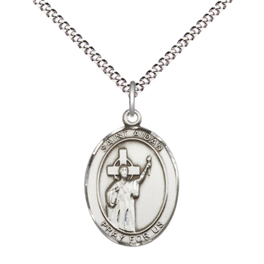 Everlasting Light Jewelry Medium Women's Pewter Saint St. Aidan of Lindesfarne Pendant Necklace on 18- inch Rhodium- Plated Lite Curb Brass Chain – Patron Saint St. of Missionaries, Catholic Medal – Velvet Gift Box Included