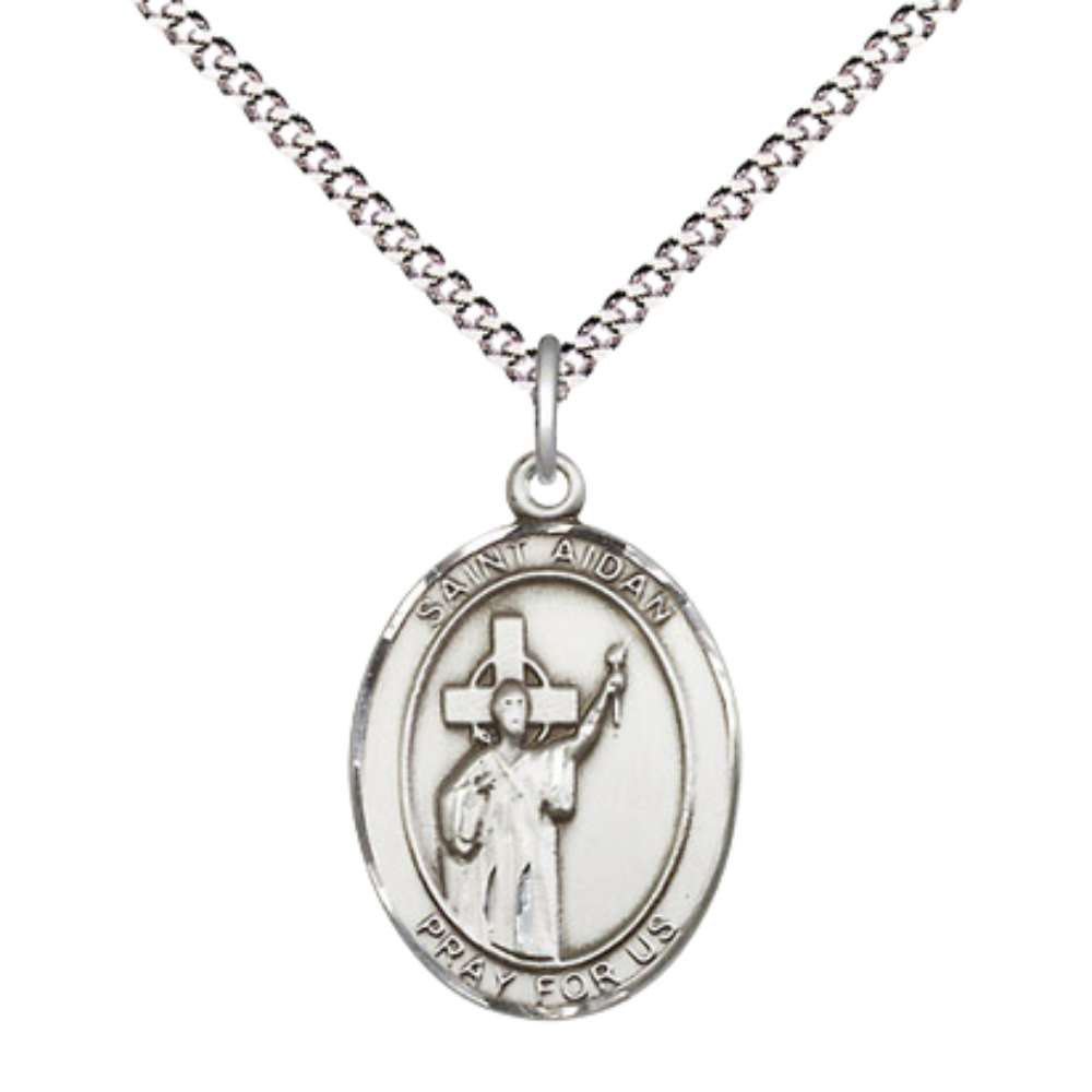 Everlasting Light Jewelry Medium Women's .925 Sterling Silver Saint St. Aidan of Lindesfarne Pendant Necklace on 18- inch Rhodium- Plated Lite Curb Brass Chain, Catholic Medal - Velvet Gift Box Included