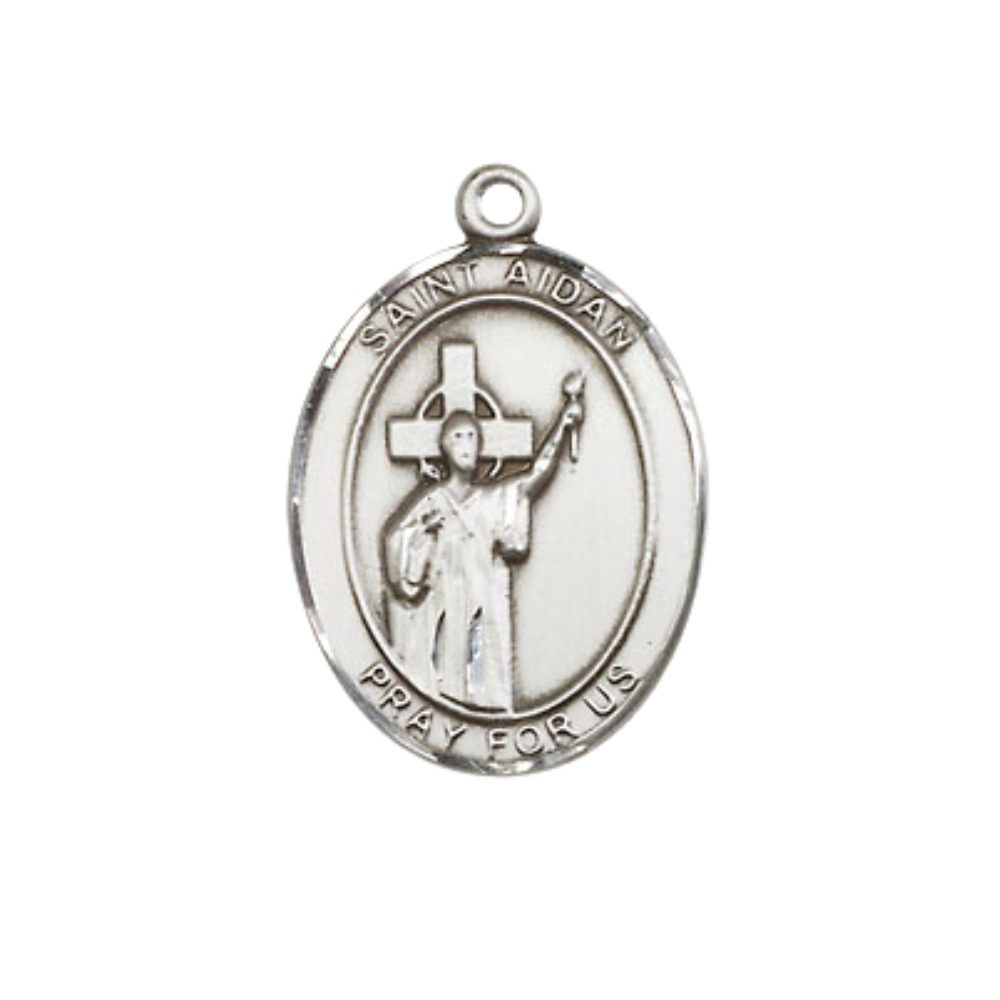 Medium Mens Oval .925 Sterling Silver Saint St. Aidan of Lindesfarne Medal Pendant on 24 Inch Rhodium Plated Heavy Curb Brass Chain w/ Lobster Claw Clasp, Catholic Religious Necklace - Made in USA- Gift Boxed