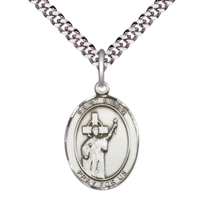 Medium Men's .925 Sterling Silver Saint St. Aidan of Lindesfarne Medal Pendant on 24 Inch Endless Rhodium Plated Heavy Curb Brass Chain, Catholic Religious Necklace - Made in USA- Deluxe Velvet Gift Box