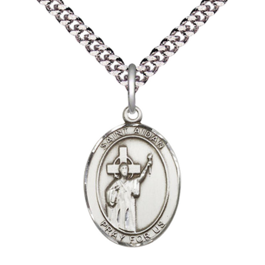 Medium Men's .925 Sterling Silver Saint St. Aidan of Lindesfarne Medal Pendant on 24 Inch Endless Rhodium Plated Heavy Curb Brass Chain, Catholic Religious Necklace - Made in USA- Deluxe Velvet Gift Box