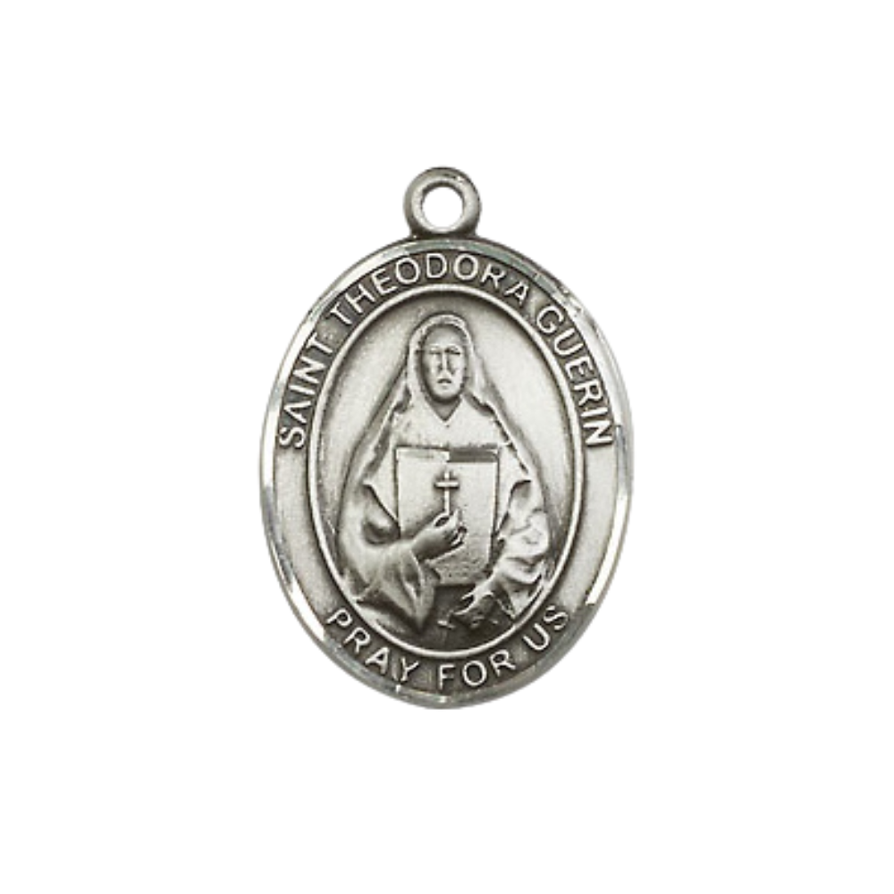 Everlasting Light Jewelry Medium Men's Pewter Saint St.Theodora Medal Pendant on 24 Inch Endless Rhodium Plated Heavy Curb Brass Chain, Catholic Religious Necklace -Made in USA- Deluxe Velvet Gift Box