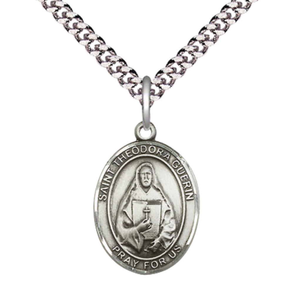 Everlasting Light Jewelry Medium Men's Pewter Saint St.Theodora Medal Pendant on 24 Inch Endless Rhodium Plated Heavy Curb Brass Chain, Catholic Religious Necklace -Made in USA- Deluxe Velvet Gift Box