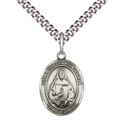 Everlasting Light Jewelry Medium Men's Pewter Saint St.Theodora Medal Pendant on 24 Inch Endless Rhodium Plated Heavy Curb Brass Chain, Catholic Religious Necklace -Made in USA- Deluxe Velvet Gift Box