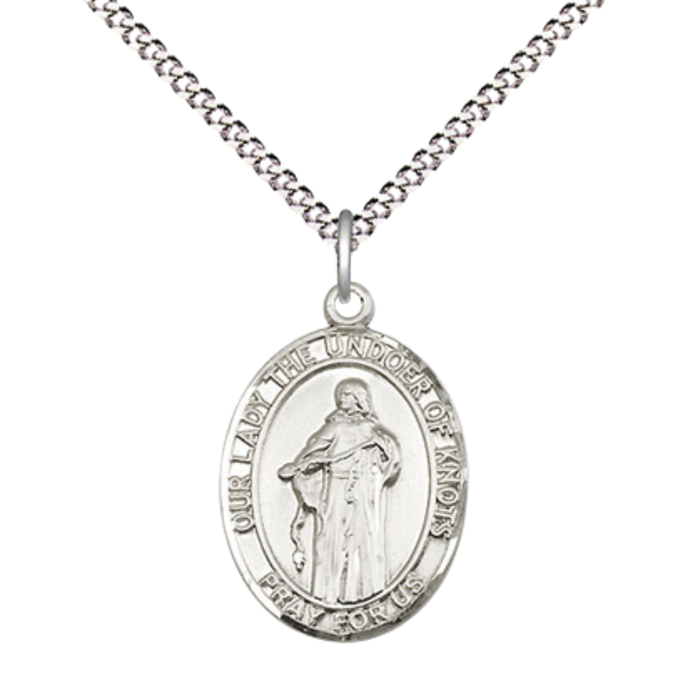 Everlasting Light Jewelry Medium Women's .925 Sterling Silver Our Lady of Knots Pendant Necklace on 18- inch Rhodium- Plated Lite Curb Brass Chain, Catholic Medal - Velvet Gift Box Included