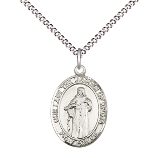 Everlasting Light Jewelry Medium Women's .925 Sterling Silver Our Lady of Knots Pendant Necklace on 18- inch Rhodium- Plated Lite Curb Brass Chain, Catholic Medal - Velvet Gift Box Included