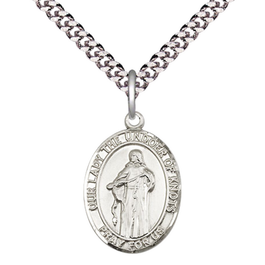 Medium Men's .925 Sterling Silver Our Lady of Knots Medal Pendant on 24 Inch Endless Rhodium Plated Heavy Curb Brass Chain ,Catholic Religious Necklace -Made in USA- Deluxe Velvet Gift Box